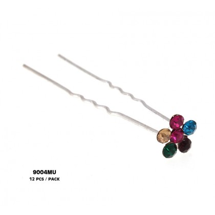 12 Piece Hair Stick Set - Multi Color Crystal Flower - CS-9004MU